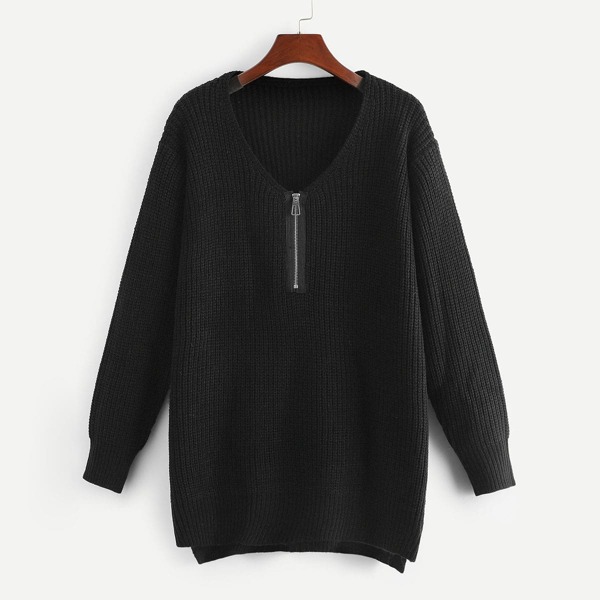 

Plus Half Placket Stepped Hem Sweater