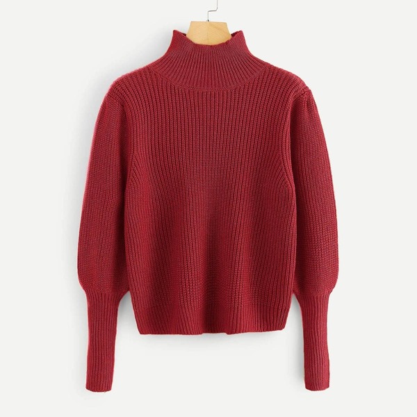 

High Neck Gigot Sleeve Solid Jumper