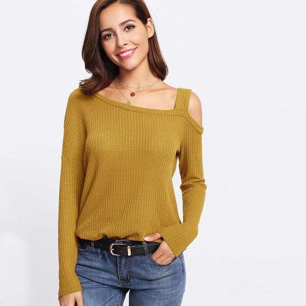 

Waffle Knit Asymmetrical Neck Slit Top