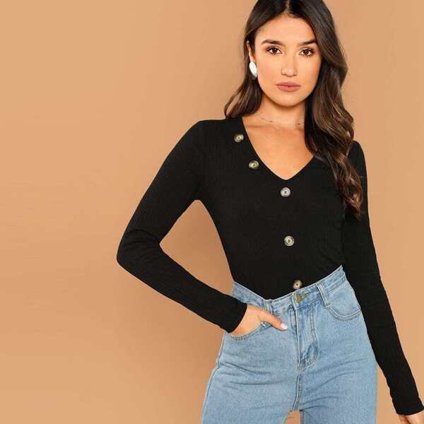 

Button Front Rib Knit Tee
