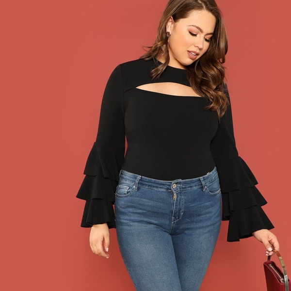 

Plus Cut Out Front Layered Sleeve Tee, Black