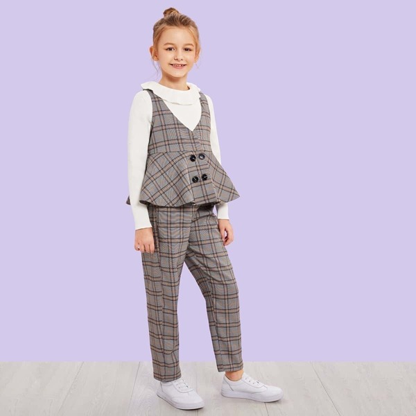 

Girls Button Front Plaid Vest & Pants Set, Brown