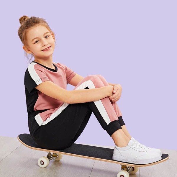 

Girls Contrast Side Seam Color-block Tee & Pants Set, Multicolor