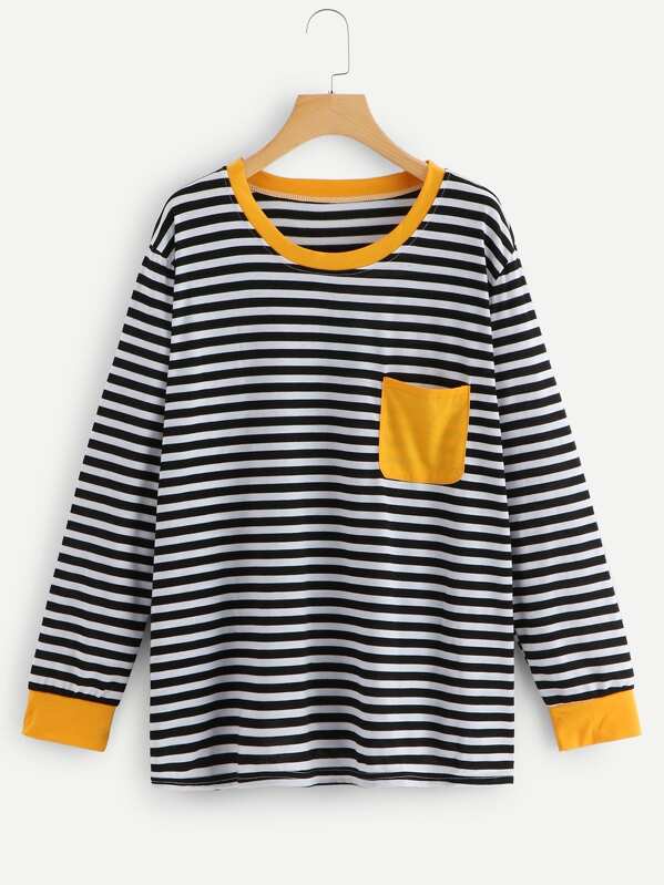 

Plus Pocket Decoration Striped Tee, Multicolor