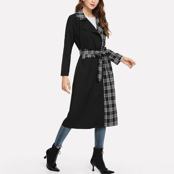 

Self Tie Tartan Plaid Coat, Multicolor