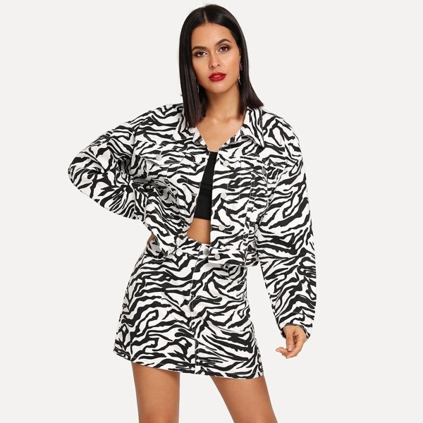 

Animal Print Pocket Front Denim Jacket, Black and white