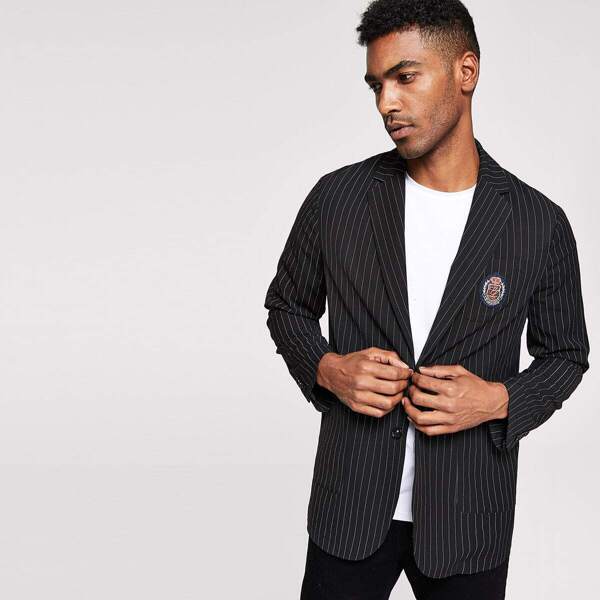 

Men Patched Detail Vertical Striped Blazer