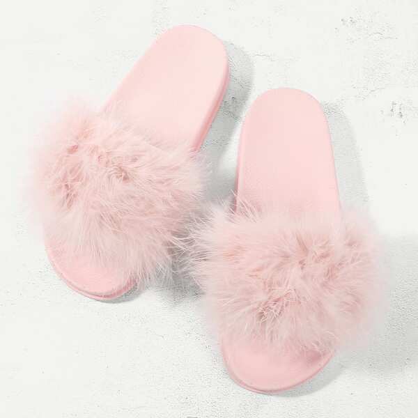 

Open Toe Fluffy Slippers, Pink