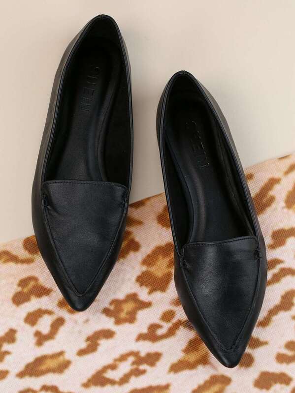 

PU Stitch Pointed Flats, Black