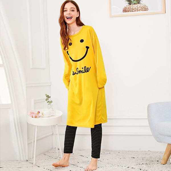 

Smile & Letter Print Striped Pajama Set