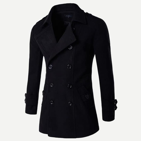 

Men Slit Back Solid Pea Coat, Black