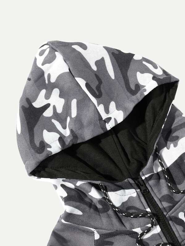 

Men Contrast Camo Hooded Coat With Drawstring Pants