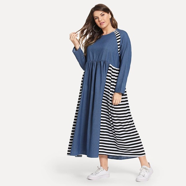

Plus Striped Panel Denim Dress