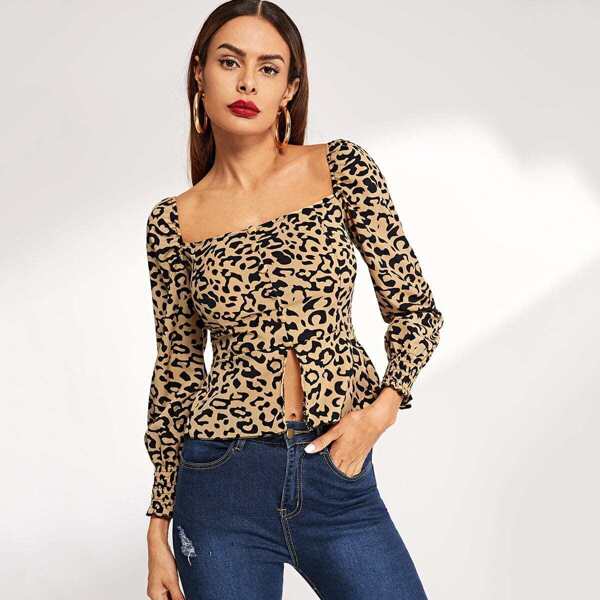 

Square-Neck Slit Leopard Peplum Blouse