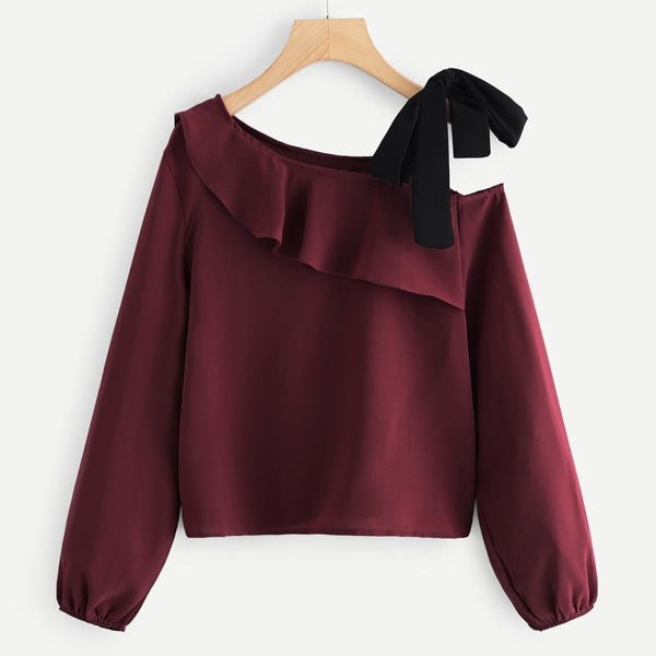 

Tied One Shoulder Ruffle Top, Burgundy