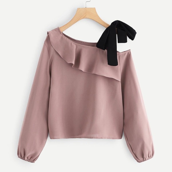 

Contrast Tied Shoulder Flounce Blouse