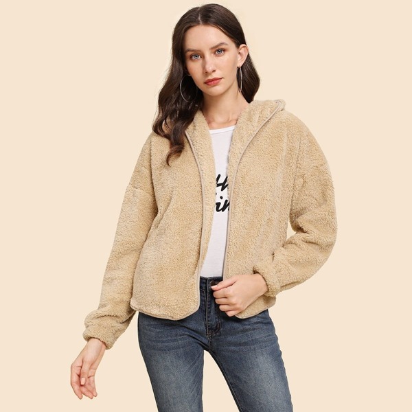 

Solid Teddy Hooded Coat, Beige