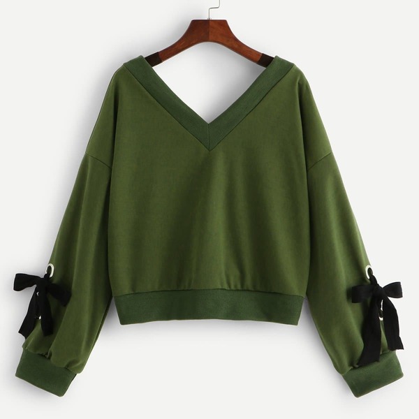 

V-Neck Knot Sleeve Sweatshirt, Army green
