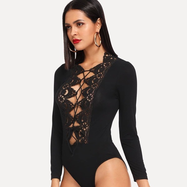 

Lace Trim Tie Up Plunging Bodysuit