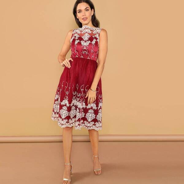 

Embroidered Mesh Overlay Fit & Flare Dress, Burgundy