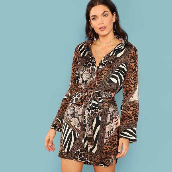 

Animal Scarf Print Self Belted Shirt Dress