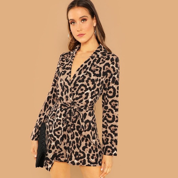 

Leopard Print Belted Blazer Romper, Multicolor