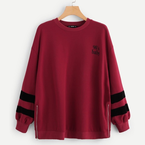 

Zip Side Striped Sleeve Sweatshirt, Burgundy