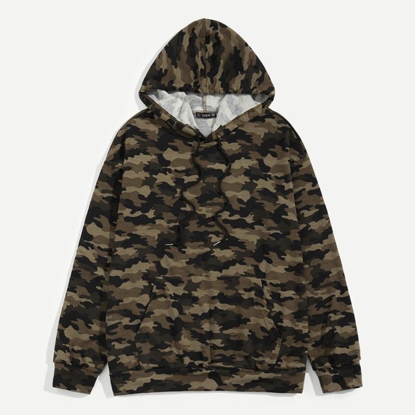 

Men Pocket Front Drawstring Camo Print Hoodie
