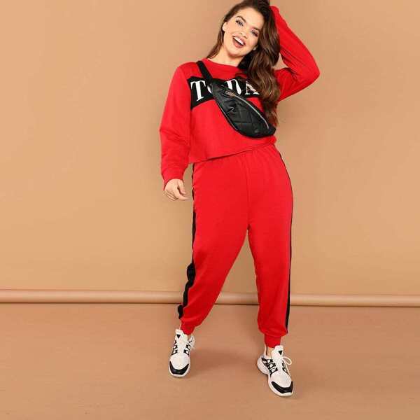 

Plus Letter Print Top and Sweatpants Set