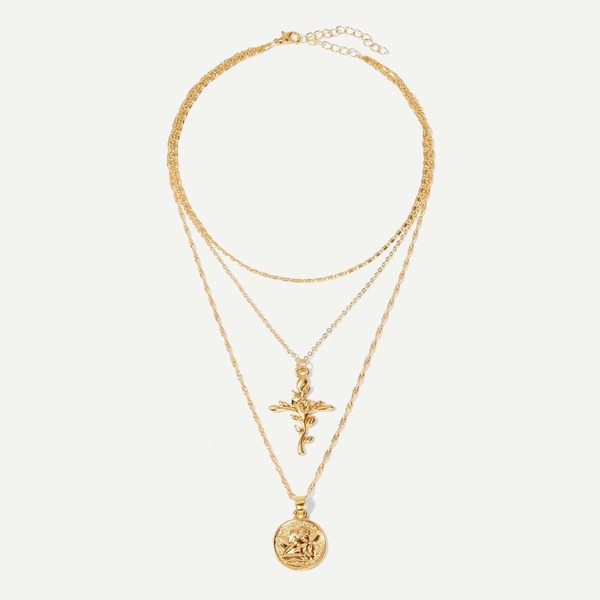 

Cross & Round Pendant Layered Necklace