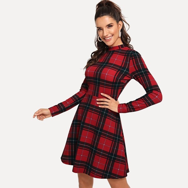 

Mock-Neck Fit and Flare Plaid Dress, Multicolor