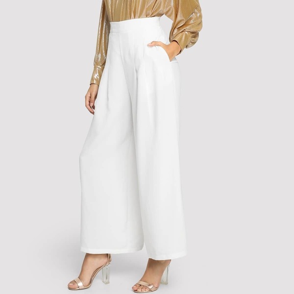 

High Waist Slant Pocket Wide Leg Pants, White