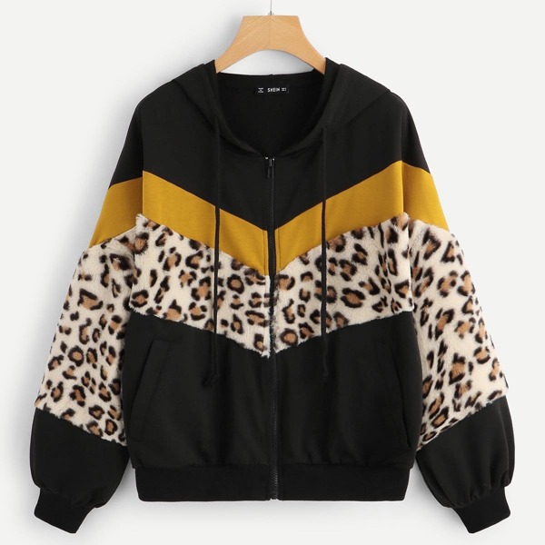 

Contrast Leopard Faux Fur Zip Up Hoodie, Multicolor