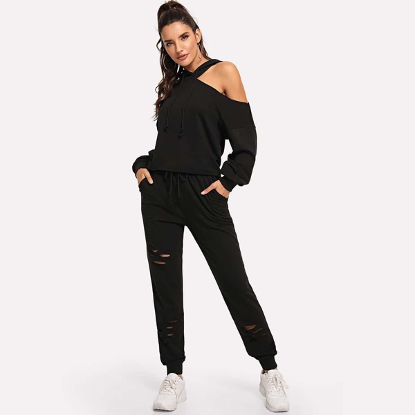 

Cut Out Drawstring Hoodie & Pants Set