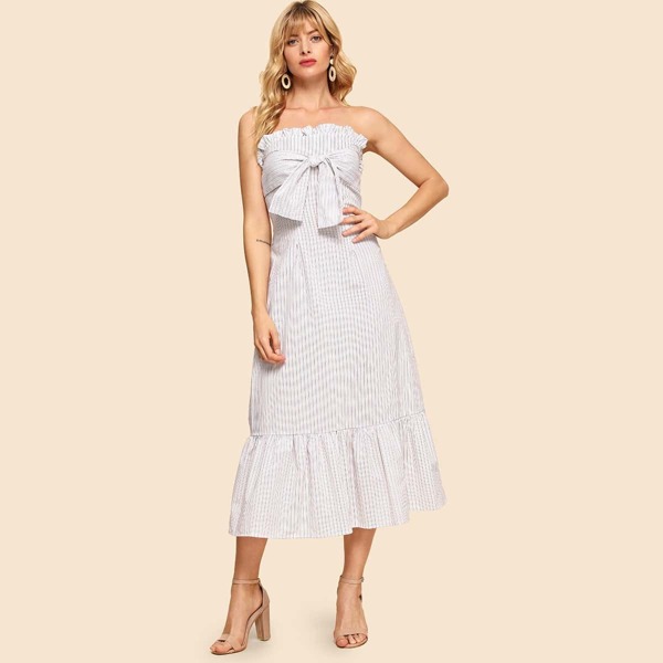 

Self Tie Frill Trim Striped Bandeau Dress