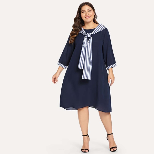

Plus Striped Bow Tied Neck Dress