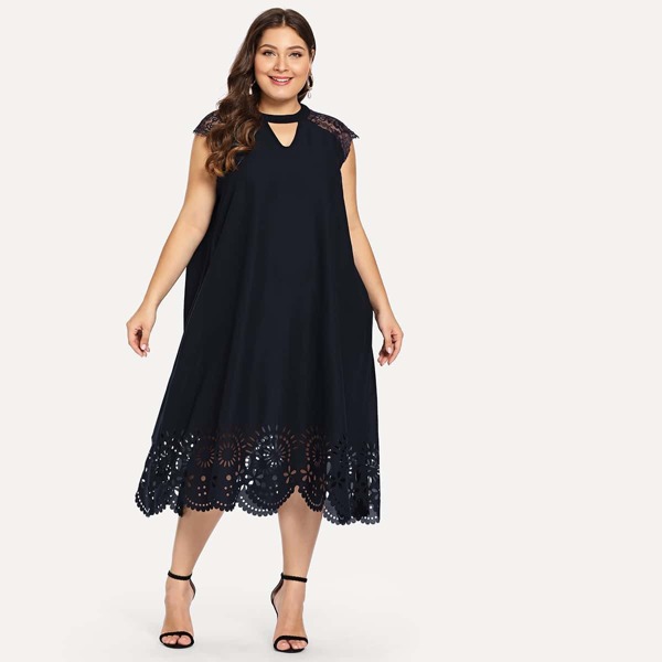 

Plus Lace Insert Laser Cut Hem Dress, Black