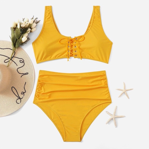 

Plus Lace-up Top With High Waist Bikini Set, Yellow