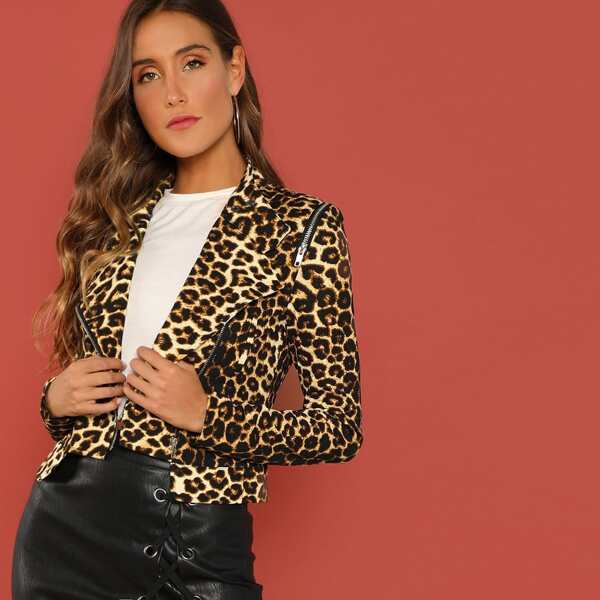 

Asymmetrical Zipper Leopard Moto Jacket, Multicolor