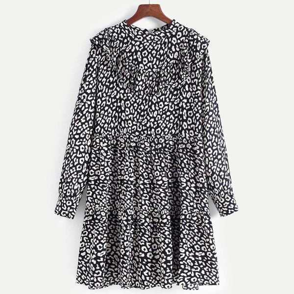 

Leopard Print Ruffle Trim Smock Dress