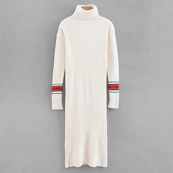 

High Neck Striped Rib Knit Trim Sweater