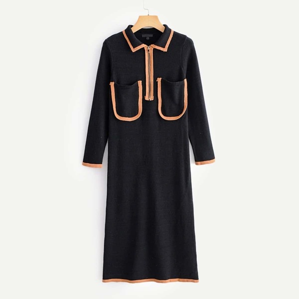 

Contrast Trim Pocket Front Sweater Dress, Black