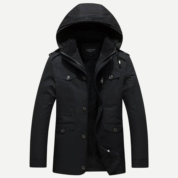 

Men Pocket & Drawstring Detail Solid Hooded Coat, Black