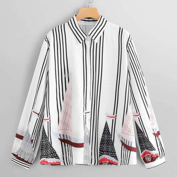

Plus Random Striped Print Blouse
