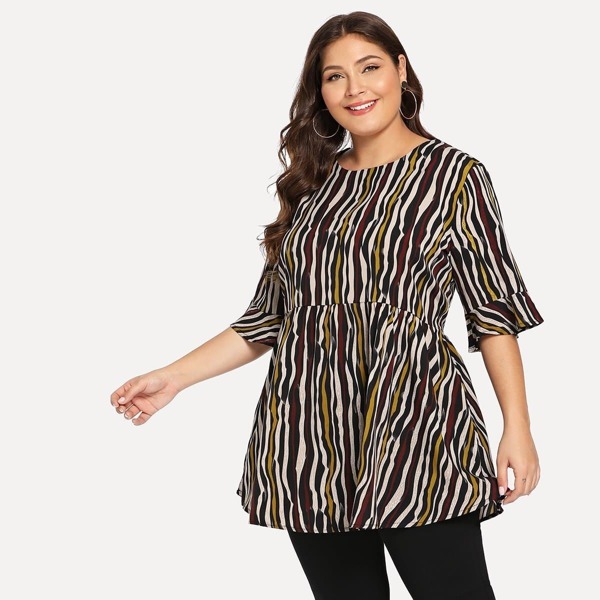 

Plus Ruffle Hem Striped Blouse