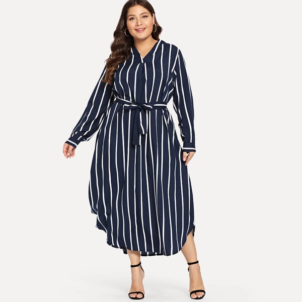 

Plus Self Tie Striped Dress, Navy