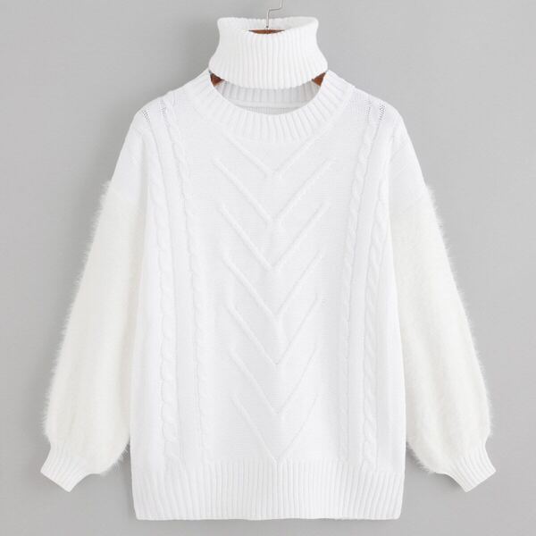 

Cable Knit Fluffy Sweater With Choker, White