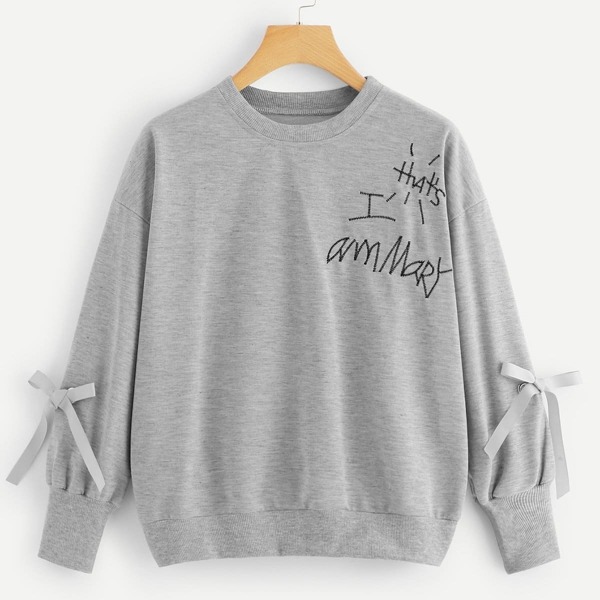 

Letter Embroidered Knot Sleeve Sweatshirt