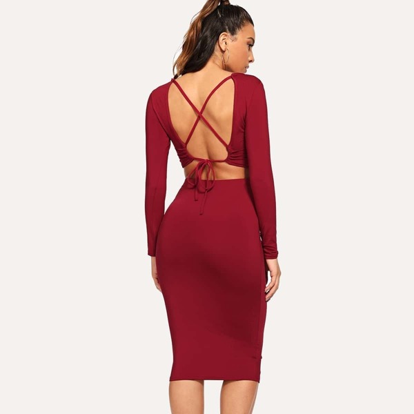 

Solid Lace Up Back Top With Dress