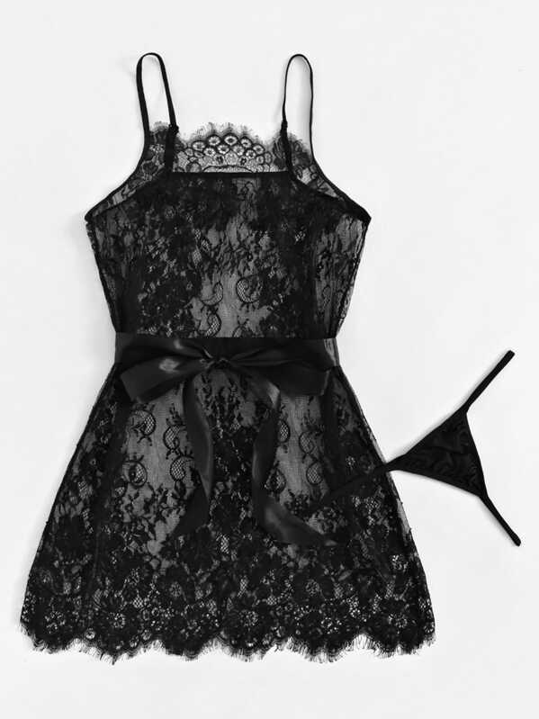 

Plus Criss Cross Lace Slips With Thong, Black